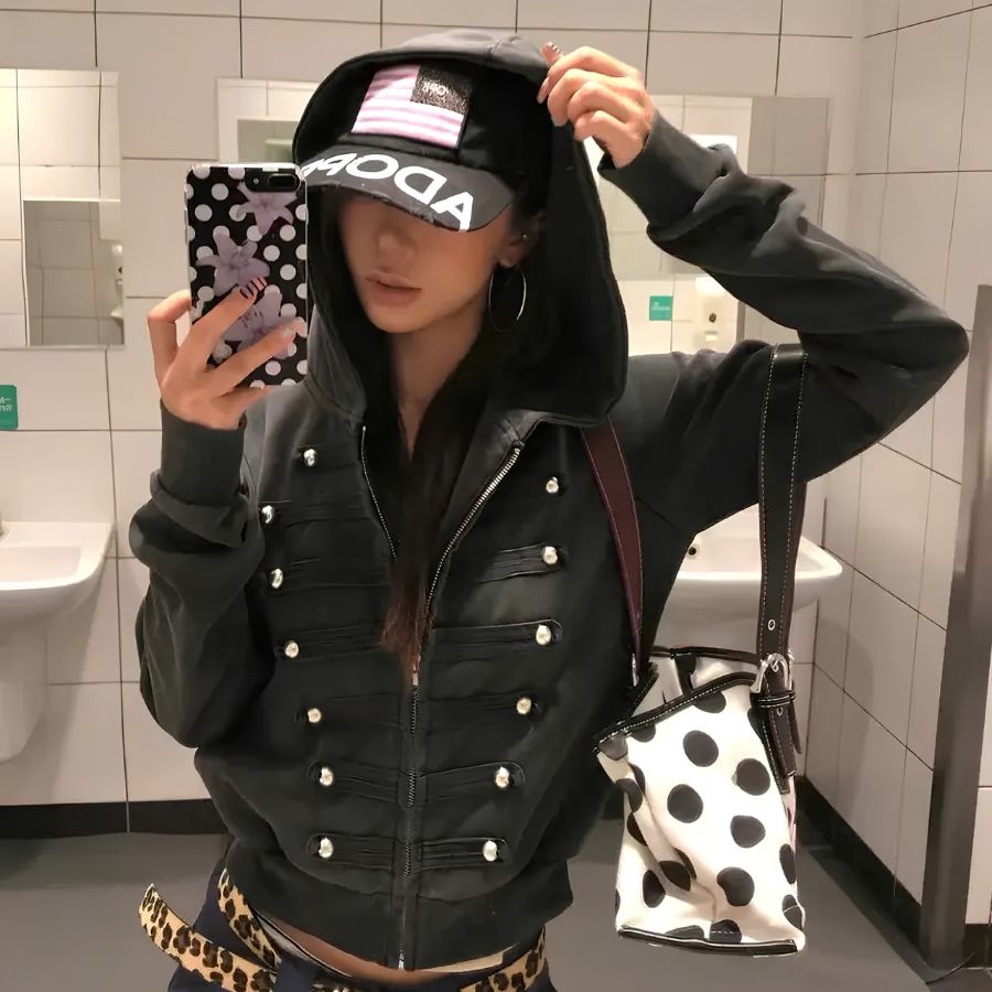 【TEENDRE NAPOLEON ZIP HOODIE】拿破崙圖案短版連帽拉鍊外套｜銀色金屬扣設計 女款休閒潮流