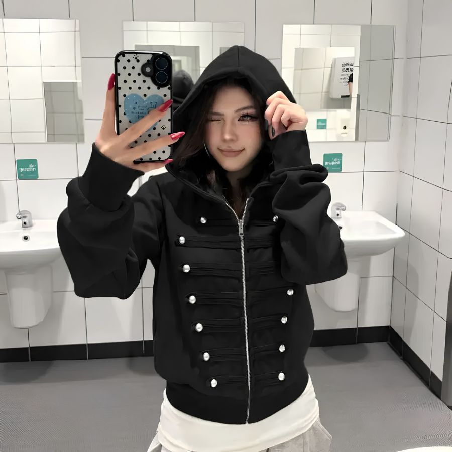 【TEENDRE NAPOLEON ZIP HOODIE】拿破崙圖案短版連帽拉鍊外套｜銀色金屬扣設計 女款休閒潮流