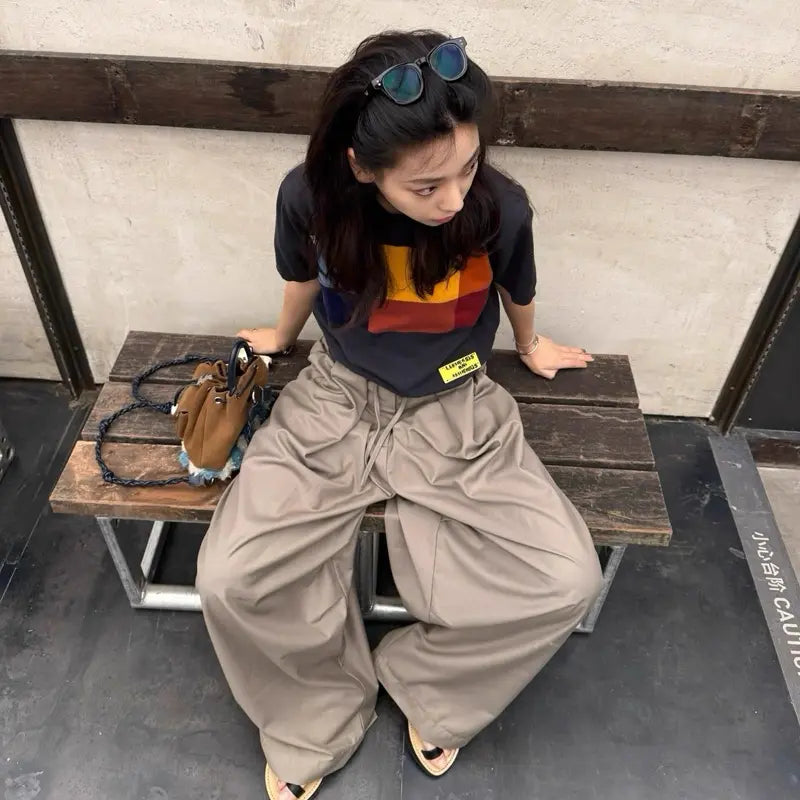 韓系Ulzzang卡其綁帶寬褲｜高腰設計｜顯瘦百搭款