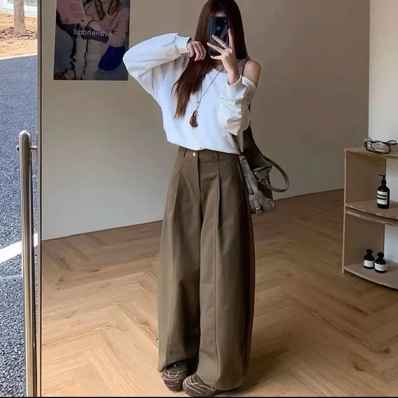 TENDRE寬鬆卡其直筒褲｜韓系基本款後鬆緊設計｜寬管版型顯瘦百搭