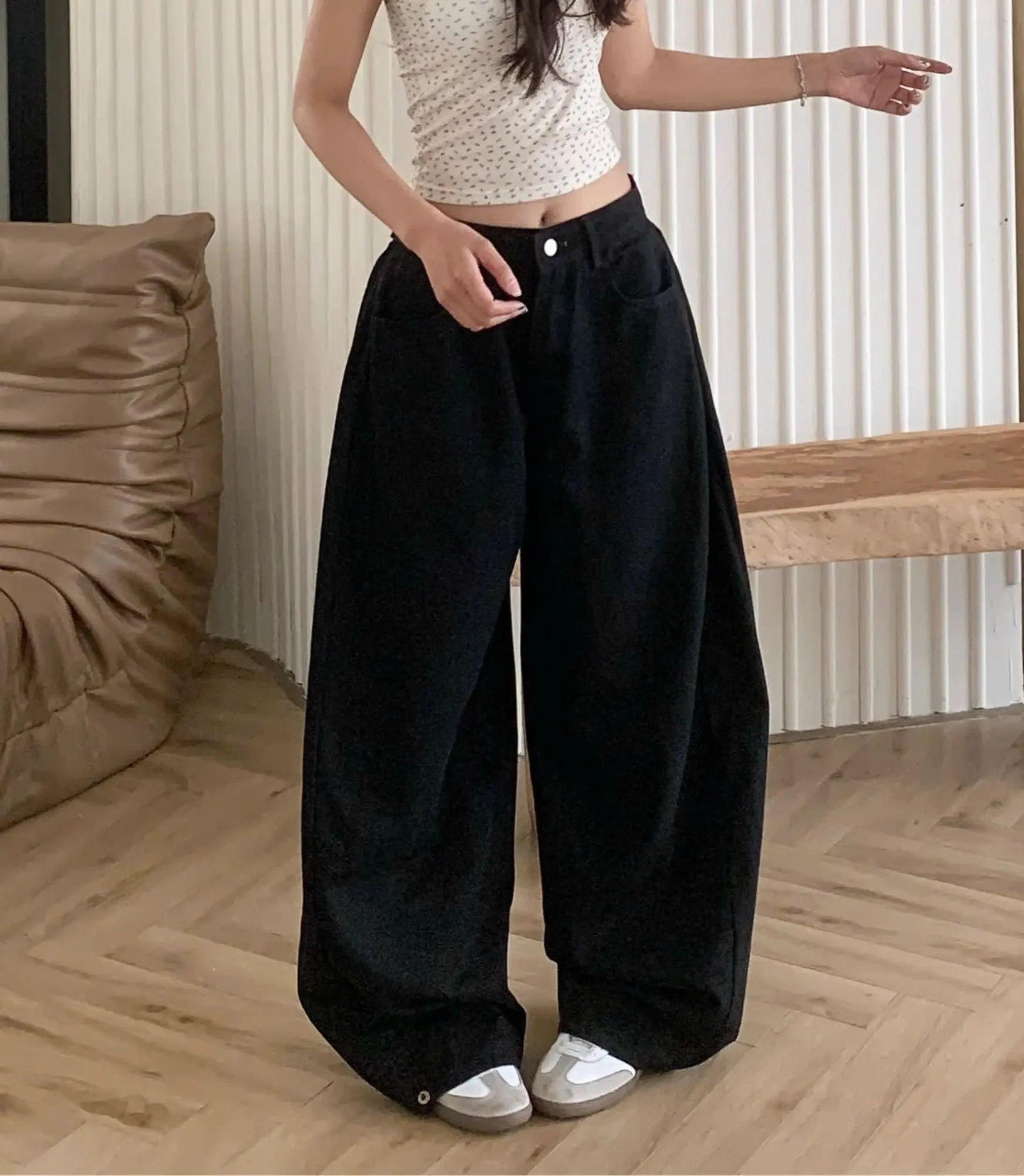 Unisex卡其寬管褲｜拼接線條＋抽皺設計｜顯瘦百搭｜個性街頭風