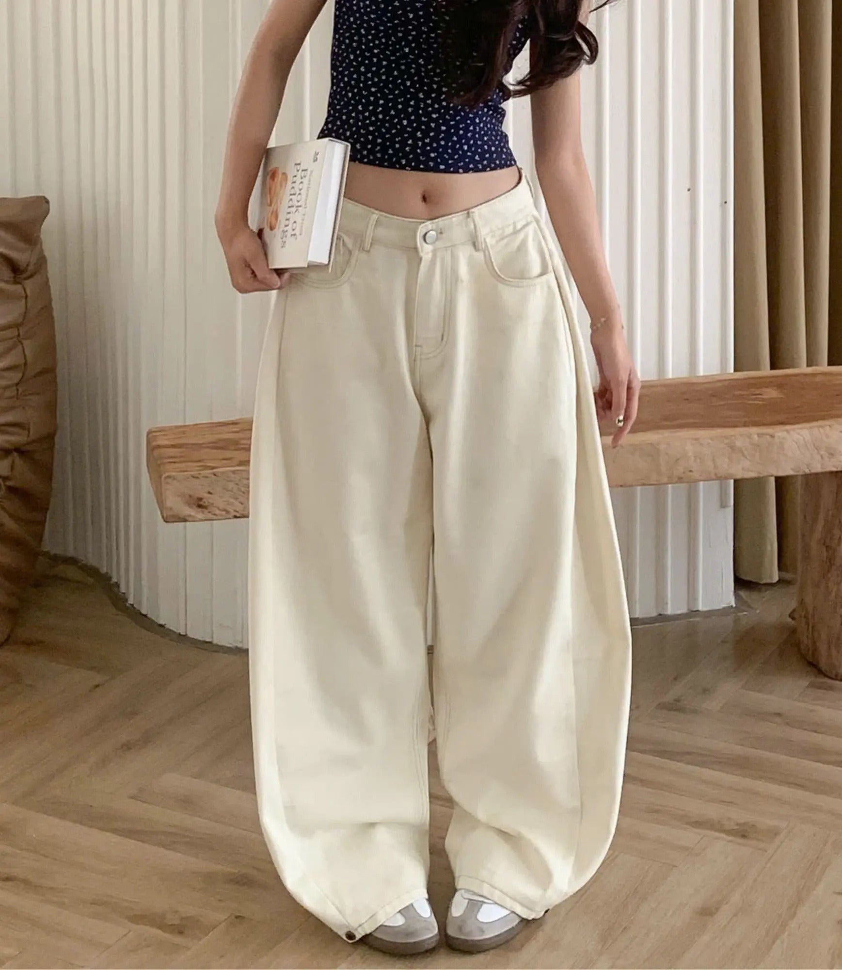 Unisex卡其寬管褲｜拼接線條＋抽皺設計｜顯瘦百搭｜個性街頭風