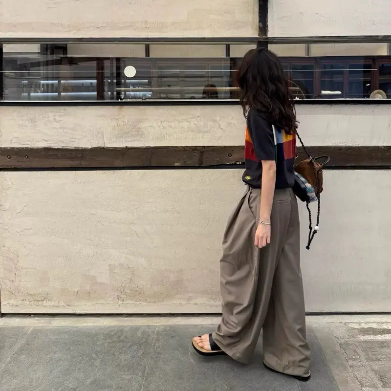 韓系Ulzzang卡其綁帶寬褲｜高腰設計｜顯瘦百搭款