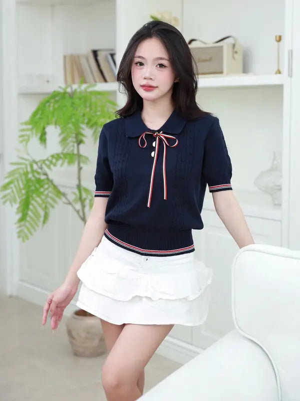 （2026年新品）短袖針織上衣，優雅千金風，蝴蝶結綁帶設計，增添氣質，百搭款，適合上班與日常穿搭M14。