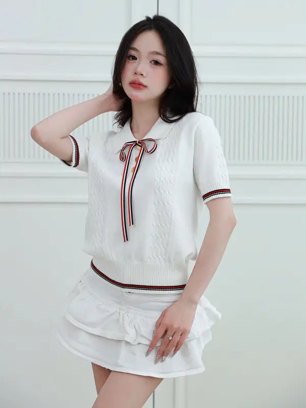 （2026年新品）短袖針織上衣，優雅千金風，蝴蝶結綁帶設計，增添氣質，百搭款，適合上班與日常穿搭M14。