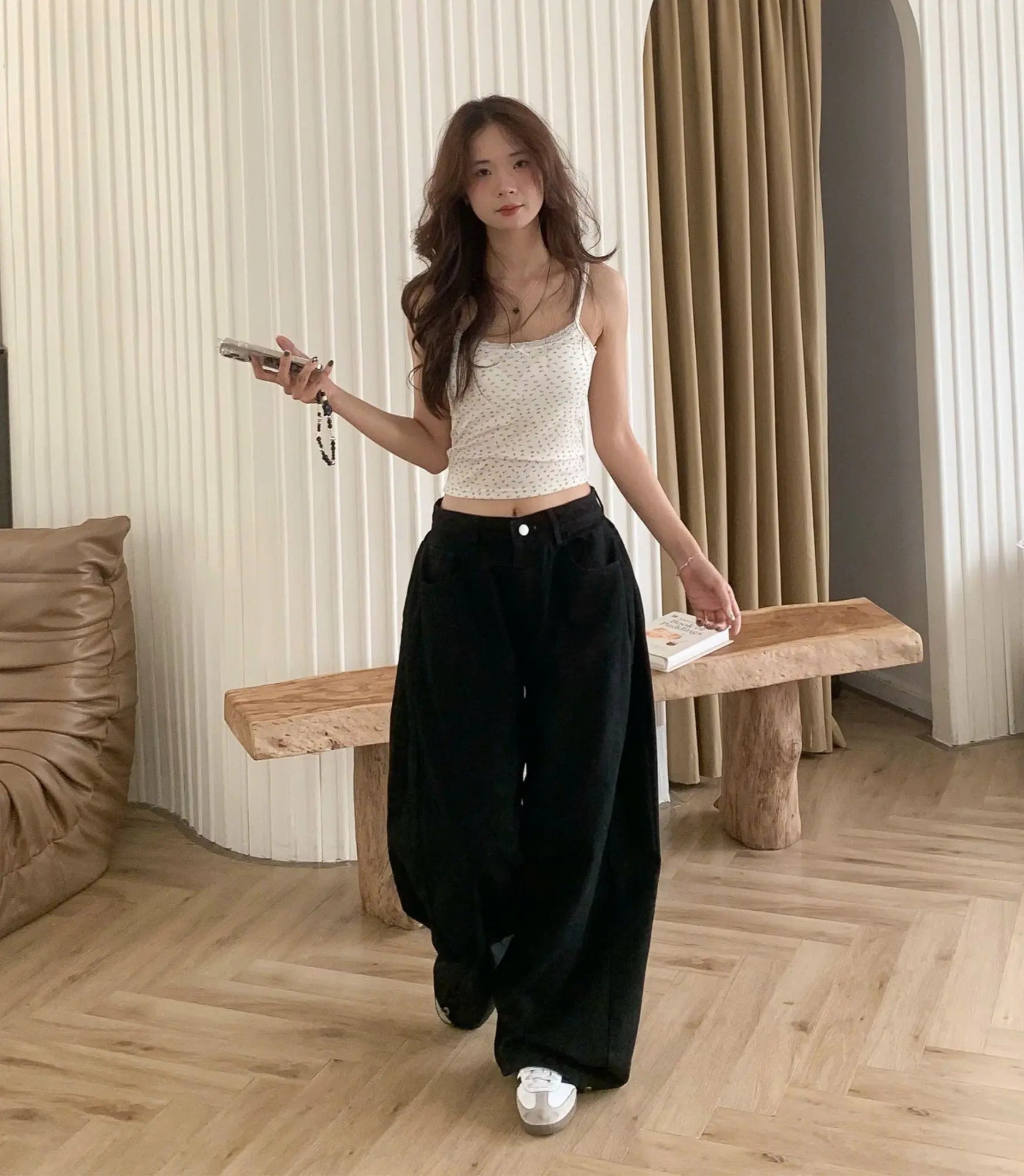 Unisex卡其寬管褲｜拼接線條＋抽皺設計｜顯瘦百搭｜個性街頭風