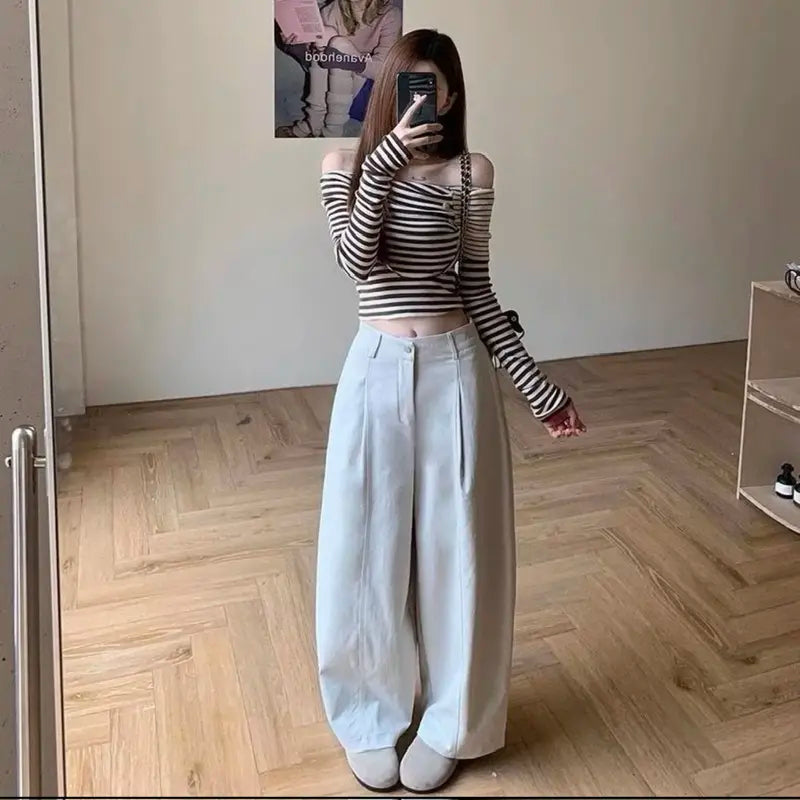 TENDRE寬鬆卡其直筒褲｜韓系基本款後鬆緊設計｜寬管版型顯瘦百搭