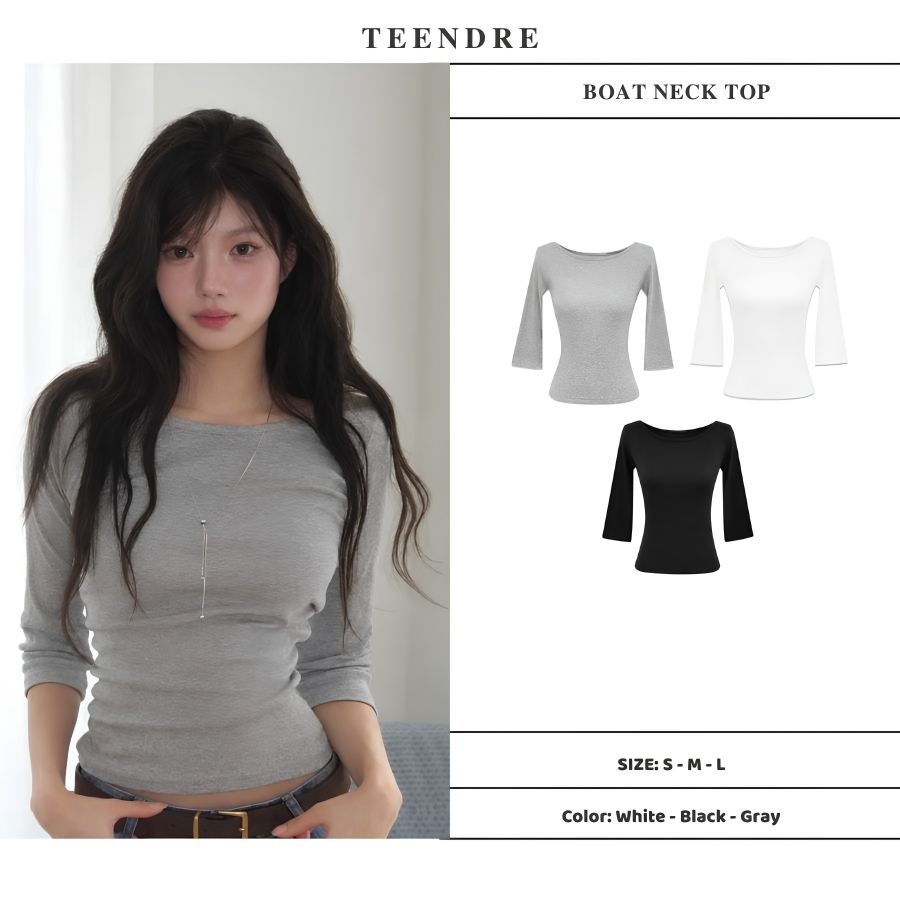 【TEENDRE BOAT NECK TOP】女款船領中袖上衣｜A字傘擺版型 修身顯瘦 休閒百搭