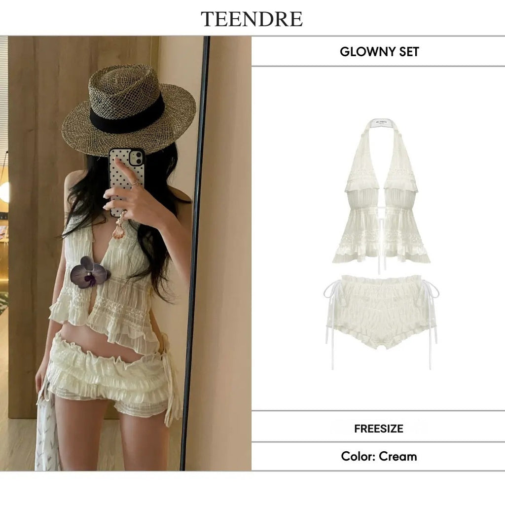 【GLOWNY SET】掛脖露背雪紡上衣＋綁帶短褲｜修身顯身材 甜辣千金風 TEENDRE