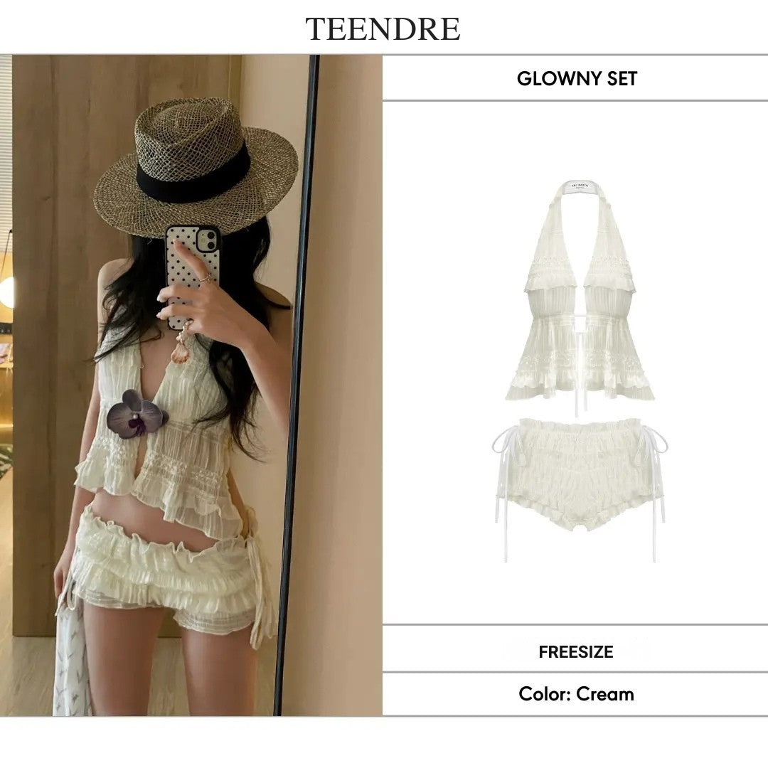 【GLOWNY SET】掛脖露背雪紡上衣＋綁帶短褲｜修身顯身材 甜辣千金風 TEENDRE