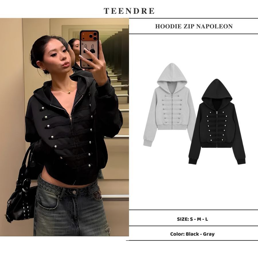 【TEENDRE NAPOLEON ZIP HOODIE】拿破崙圖案短版連帽拉鍊外套｜銀色金屬扣設計 女款休閒潮流