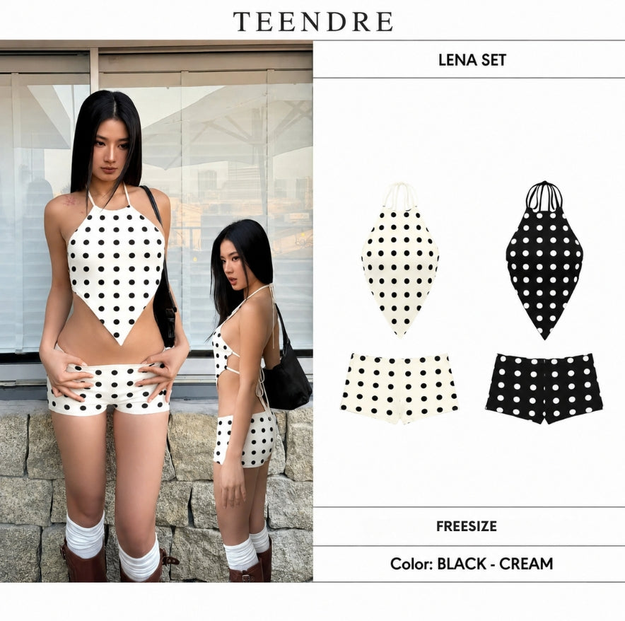 【TEENDRE LENA SET V2】波點掛脖上衣＋低腰波點長褲｜甜辣顯身材