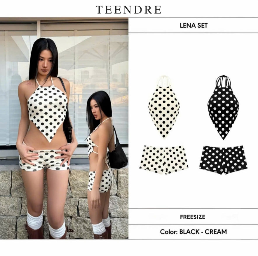 【TEENDRE LENA SET】波點掛脖上衣＋低腰波點長褲｜甜辣顯身材 可單購
