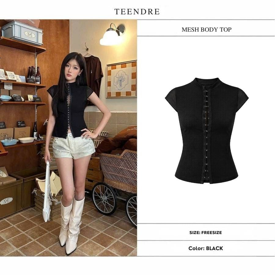 【TEENDRE MESH BODY TOP】網紗修身上衣｜金屬扣飾設計 性感顯身材