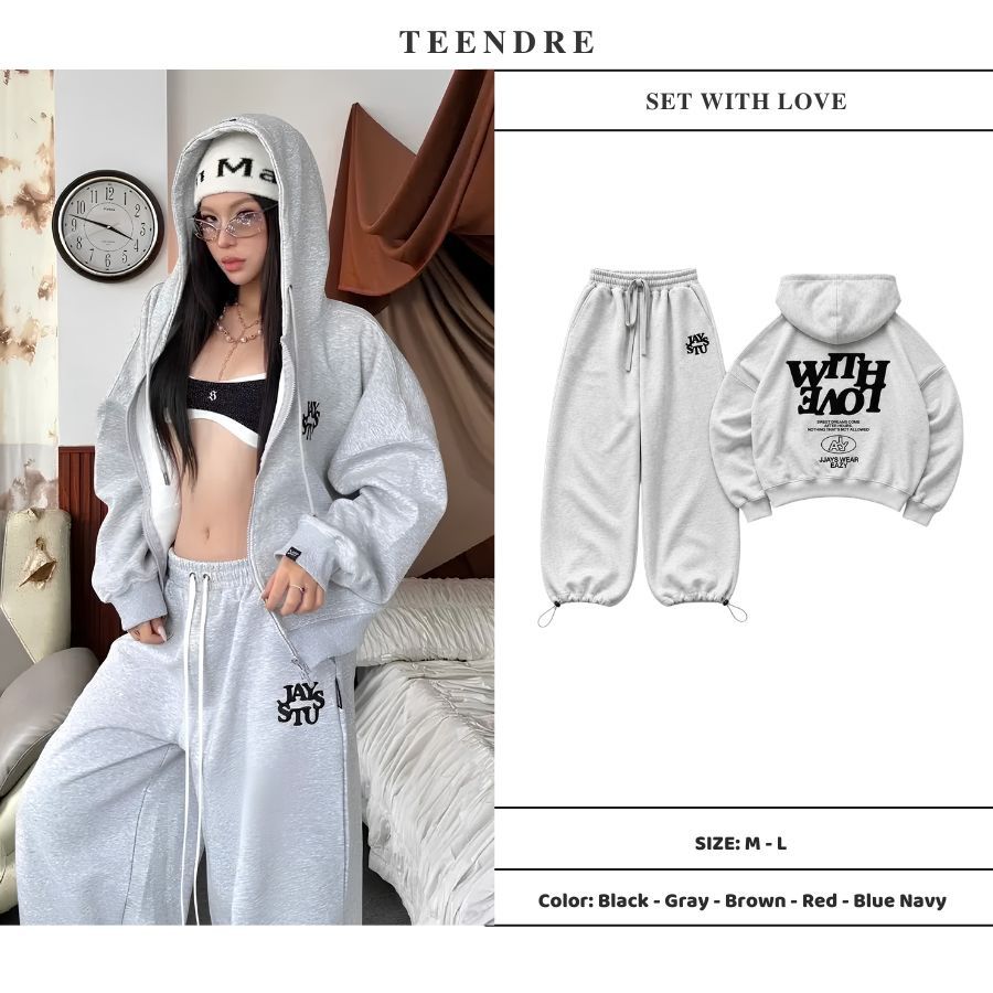 【TEENDRE WITH LOVE SET】BOXY拉鍊連帽外套＋寬鬆衛衣長褲｜雙面衛衣布 不起毛球 男女同款 UNISEX