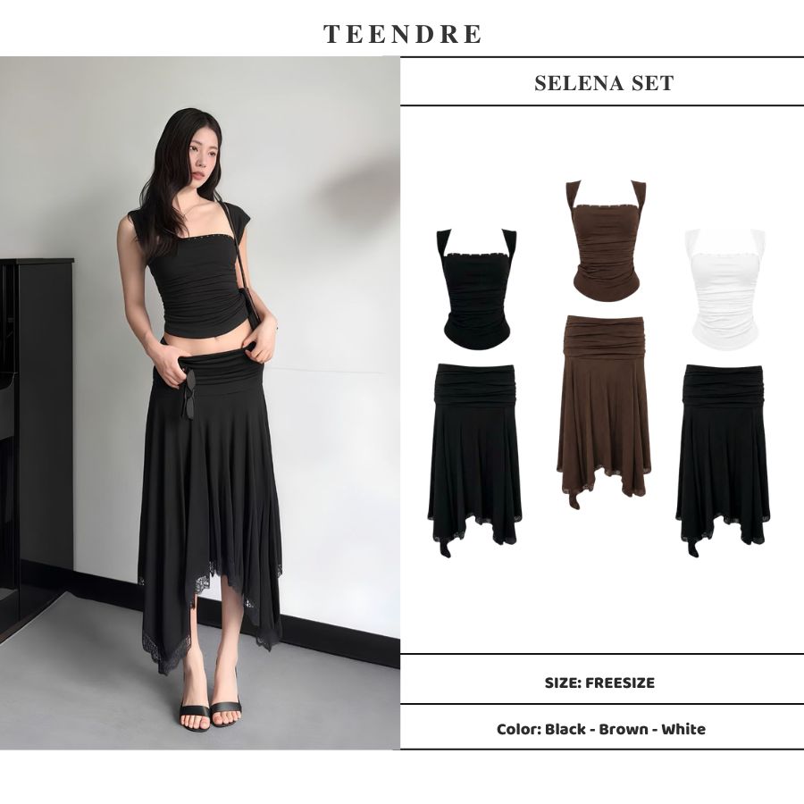 【TEENDRE SELENA SET】方領抓皺修身上衣＋水鑽點綴不規則蕾絲裙｜Y2K 甜辣套裝