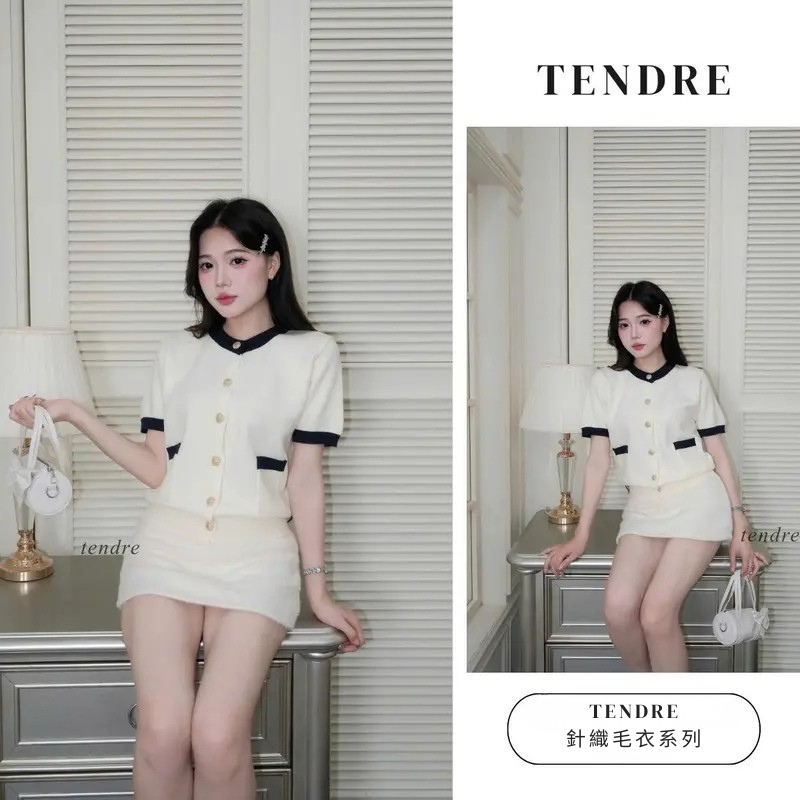 （TENDRE夏季系列）高級短袖針織開襟衫，圓領設計，金色紐扣，優雅韓系千金風Ulzzang風格B01。