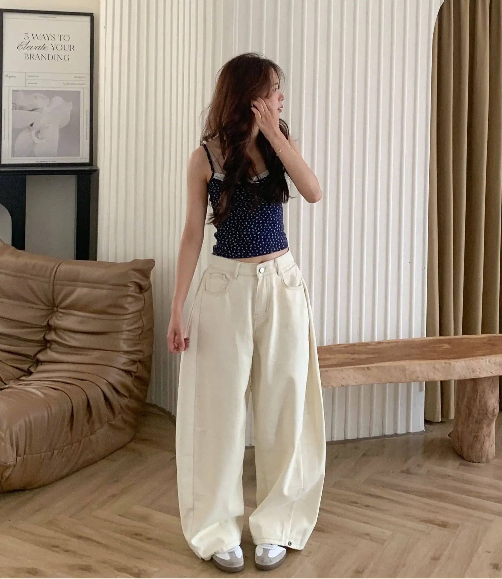 Unisex卡其寬管褲｜拼接線條＋抽皺設計｜顯瘦百搭｜個性街頭風