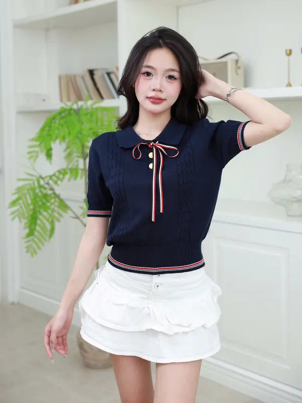 （2026年新品）短袖針織上衣，優雅千金風，蝴蝶結綁帶設計，增添氣質，百搭款，適合上班與日常穿搭M14。