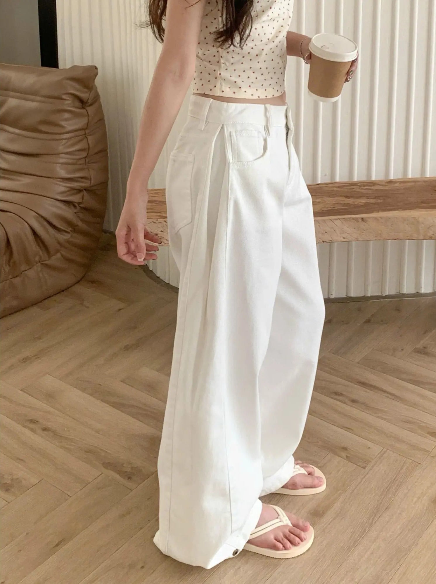 Unisex卡其寬管褲｜拼接線條＋抽皺設計｜顯瘦百搭｜個性街頭風