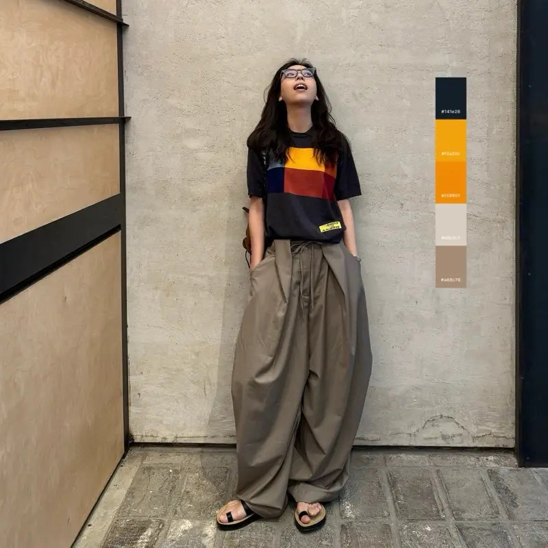 韓系Ulzzang卡其綁帶寬褲｜高腰設計｜顯瘦百搭款