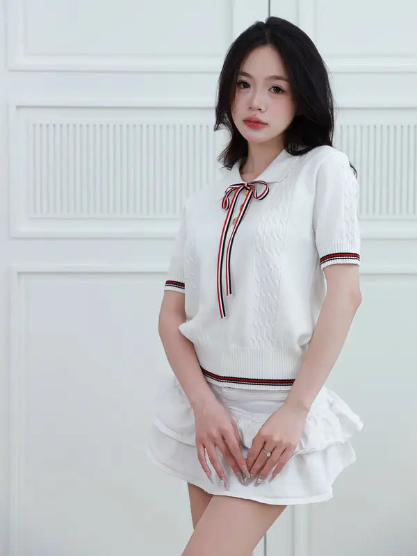 （2026年新品）短袖針織上衣，優雅千金風，蝴蝶結綁帶設計，增添氣質，百搭款，適合上班與日常穿搭M14。