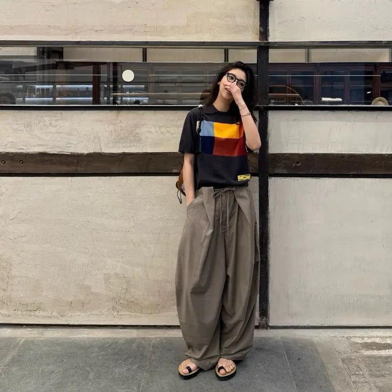 韓系Ulzzang卡其綁帶寬褲｜高腰設計｜顯瘦百搭款