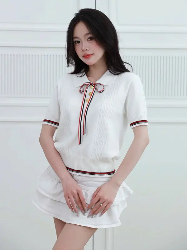 （2026年新品）短袖針織上衣，優雅千金風，蝴蝶結綁帶設計，增添氣質，百搭款，適合上班與日常穿搭M14。