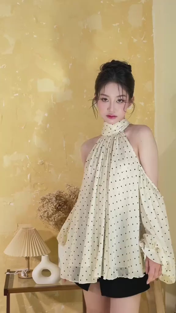 Fleur Top女款肚兜上衣｜長袖澎袖設計｜Babydoll飄逸版型｜高級雪紡面料｜秋季優雅小姐風